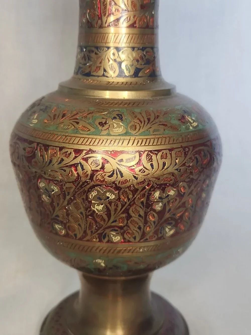 Vintage Brass Vase With Intricate Etched Designs & Inlaid Red Enamel From India